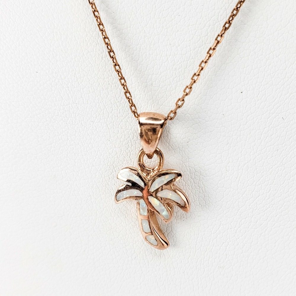 Vintage Palm Tree Necklace Rose Gold Vermeil Faux Opal Sterling Silver 925 - Picture 4 of 9